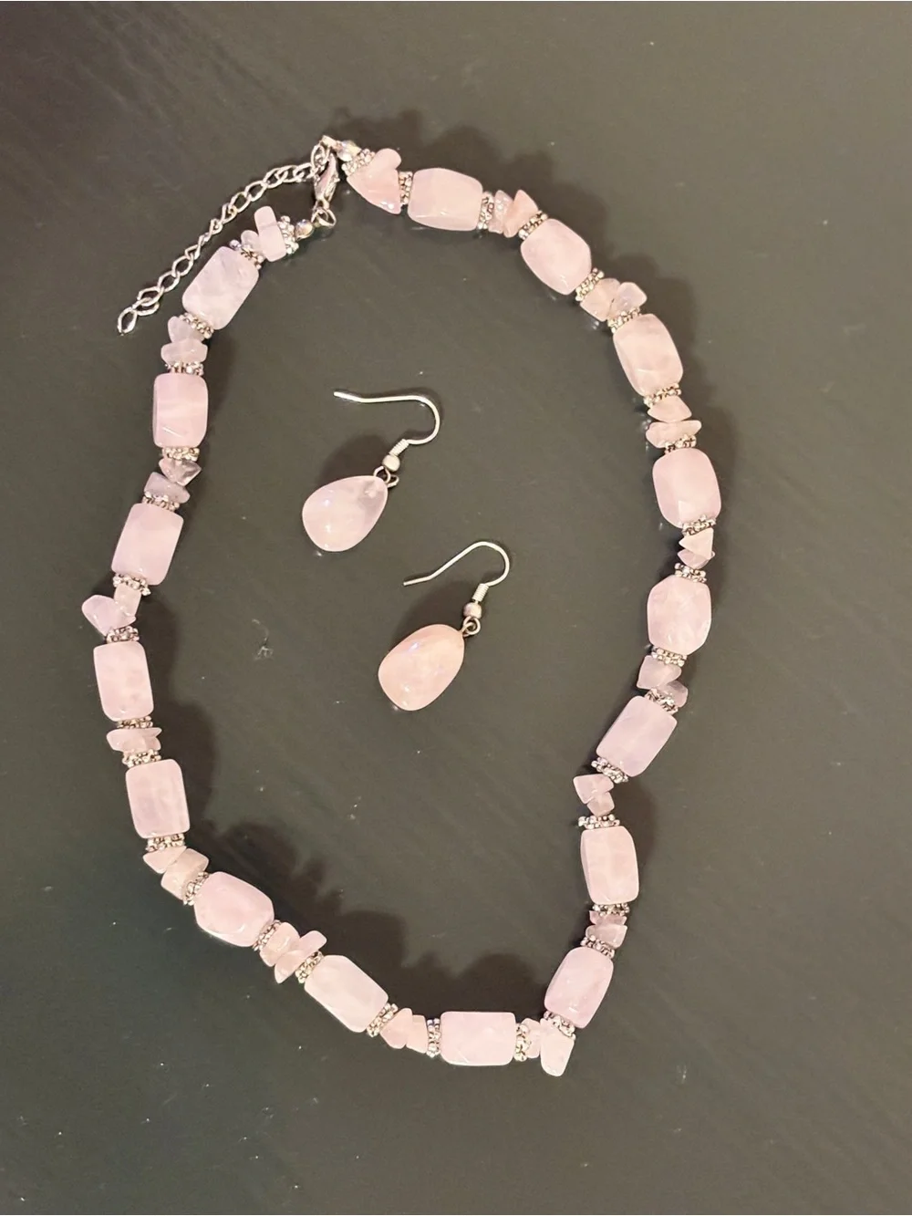Vintage Pink Rose Quartz Beaded Necklace and Matching Drop Earrings